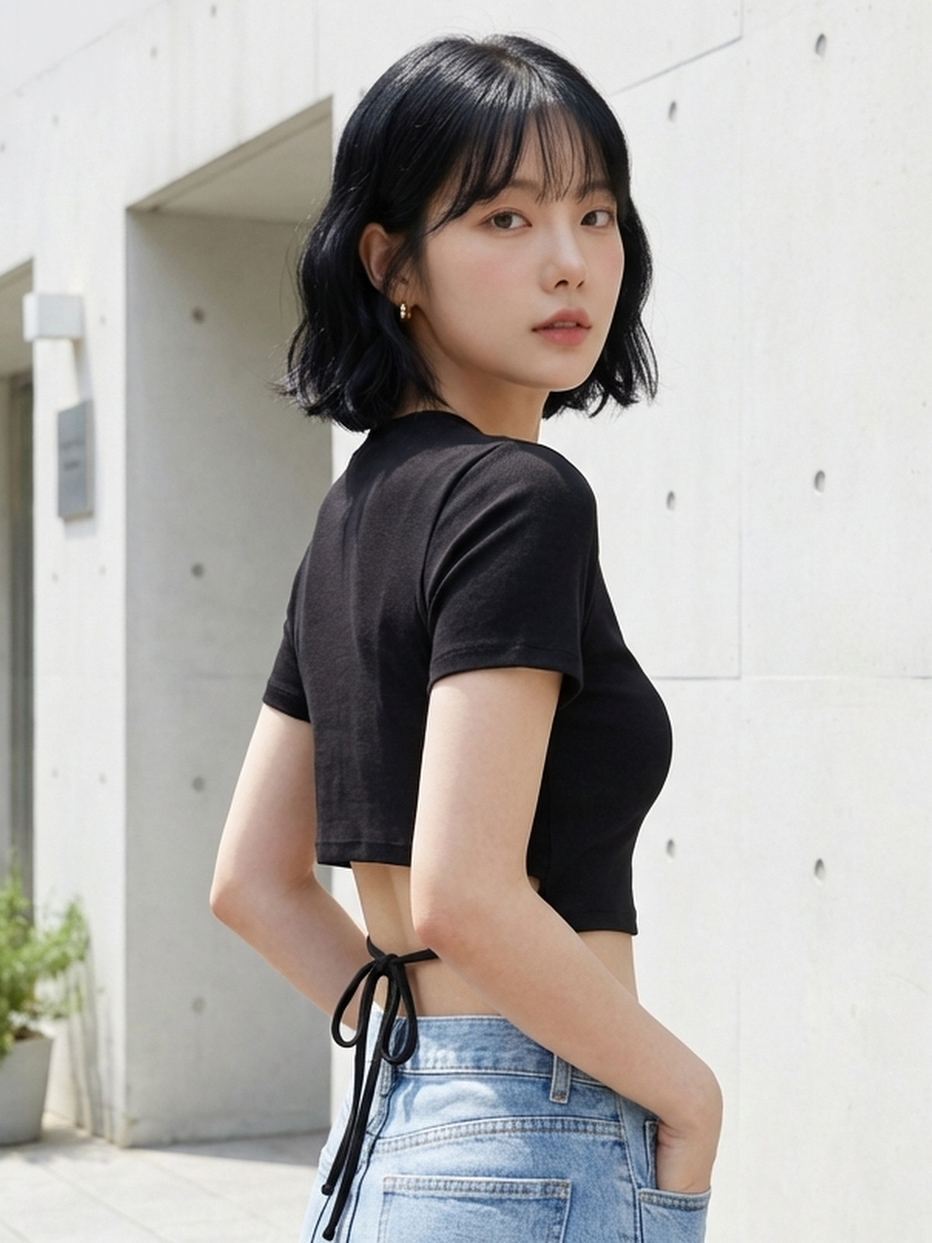 블랙 크롭 백 타이 탑