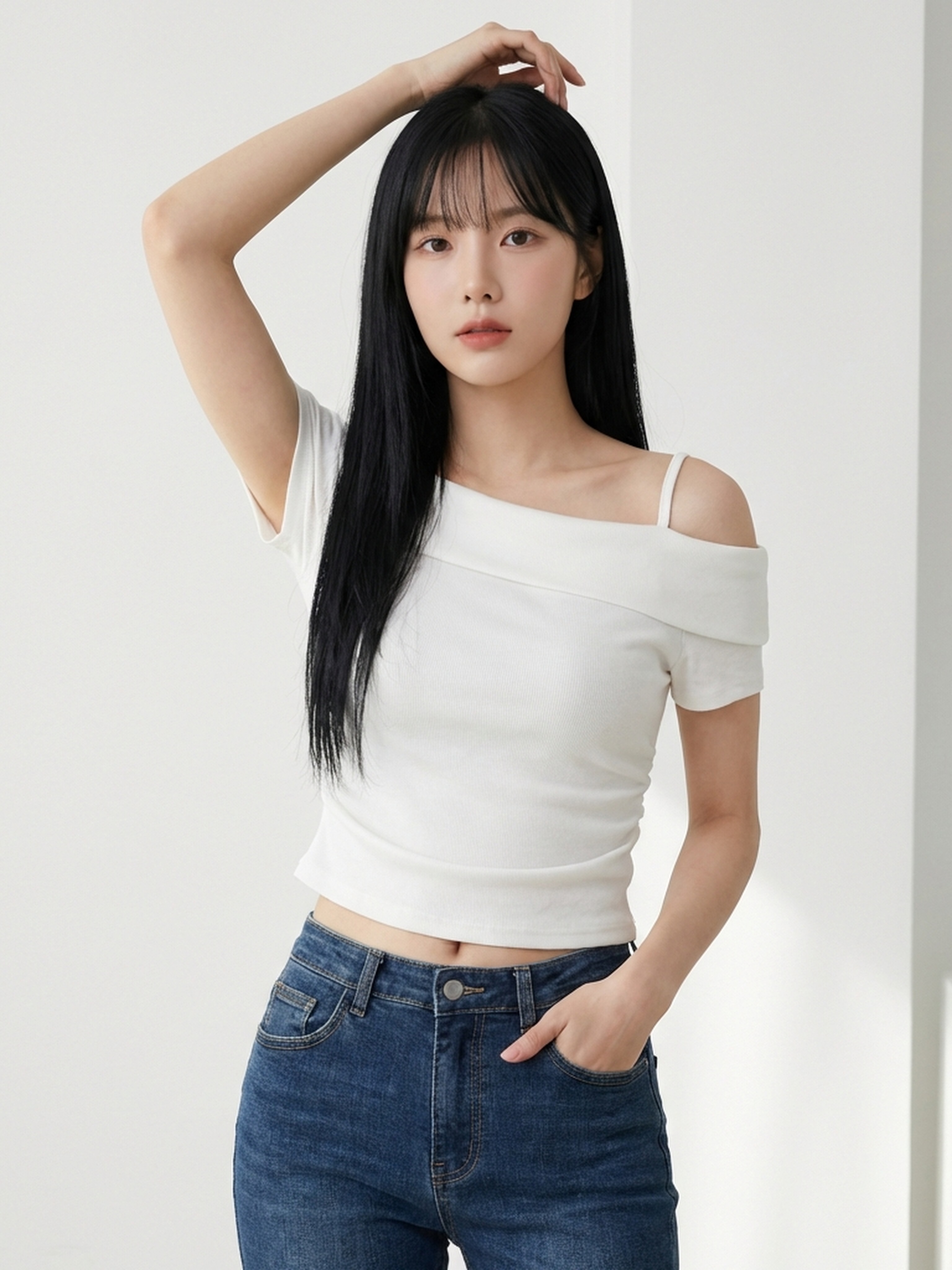 블랙 원숄더 컷아웃 탑